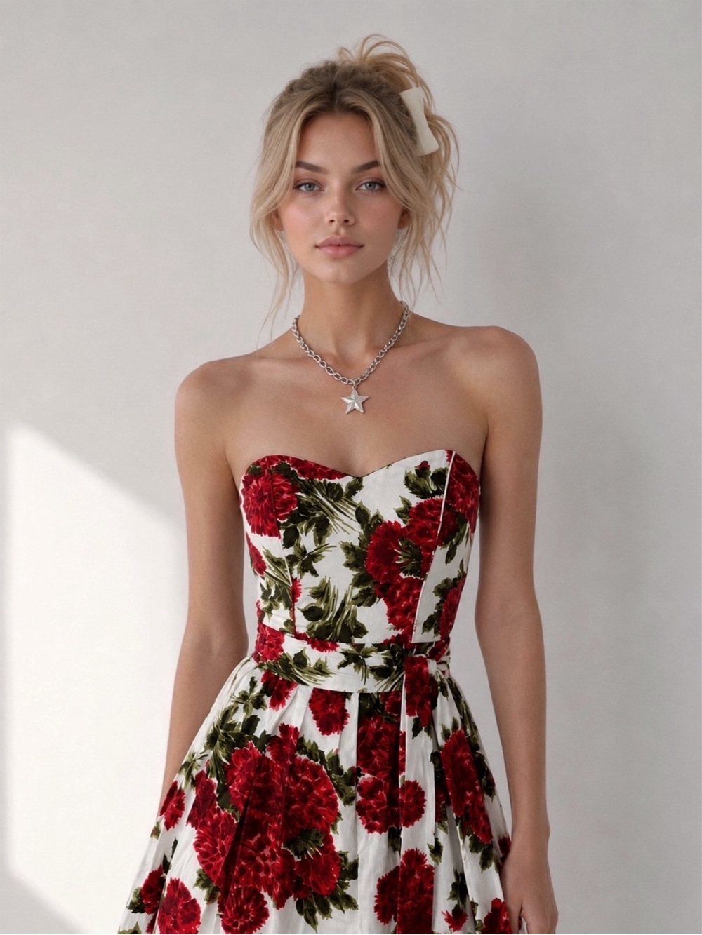 Fire Los Angeles Strapless White Dress with Red Floral Print with Matching Belt